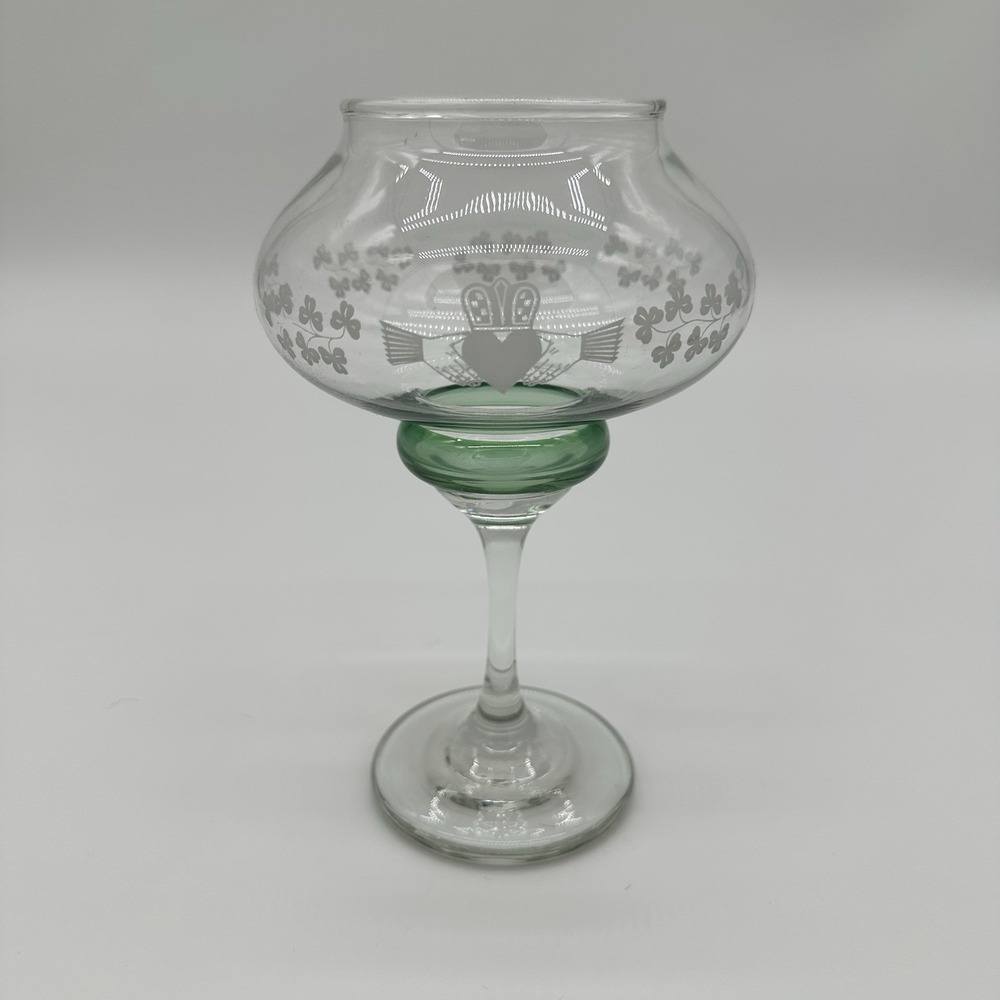 Eamon Irish Etched Glass Claddagh Shamrock Candle Holder Signed‎